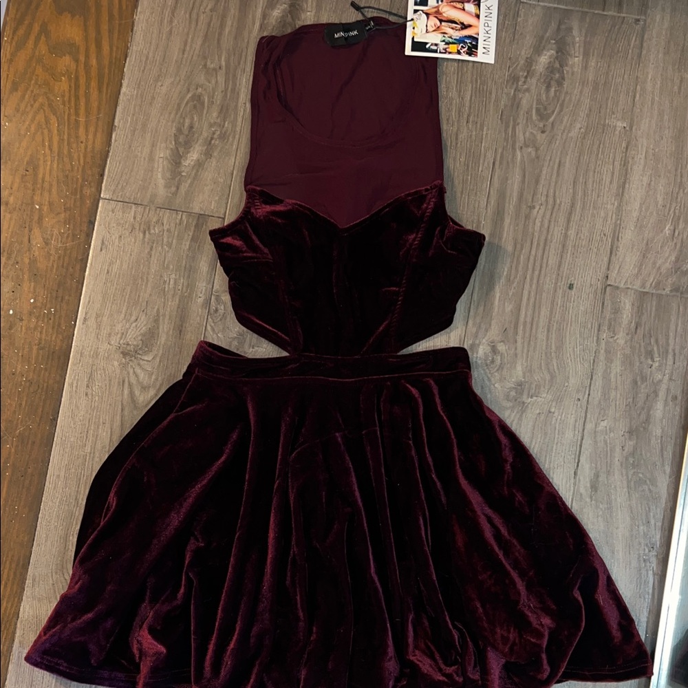 MINKPINK Wine Velvet and Mesh cutout  Dress. Size S. NWT